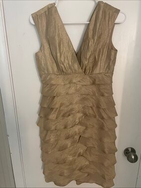 London Times Metallic Gold Layered Cocktail Dress